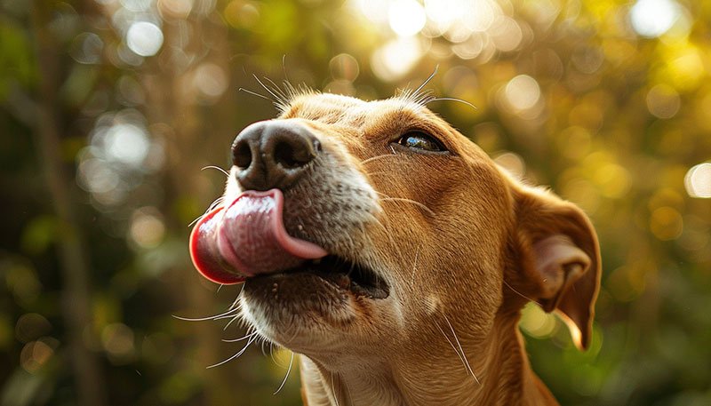 Image of a dog licking his lips to show appeasement