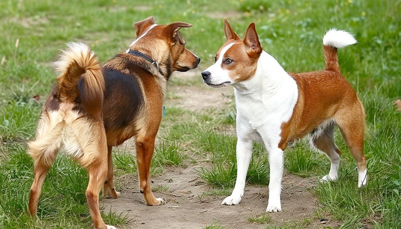 A dog exhibiting both an erect tail and a hard stare